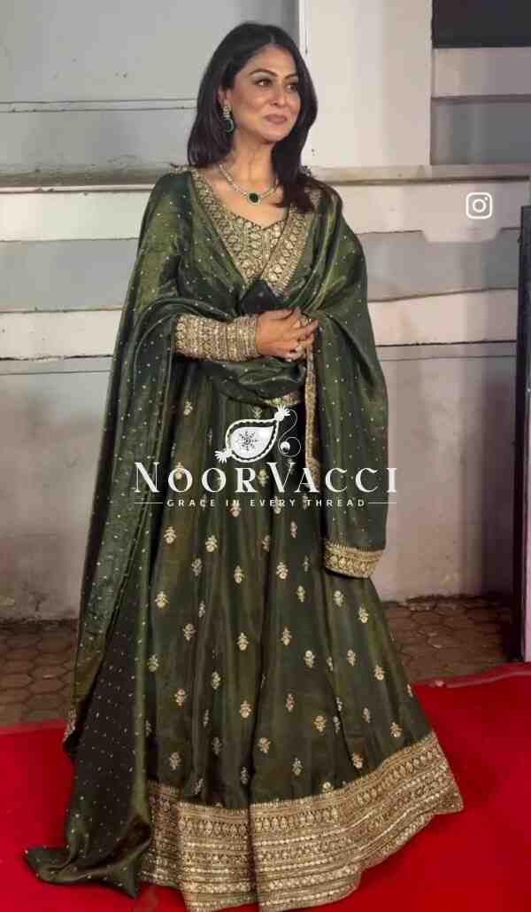 Chinon Silk Embroidered Mendi Rasam Gown-Pant Set with Dupatta - Image 3