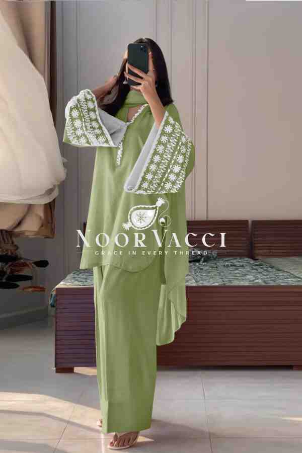 Natural Satin Embroidered Top with Farshi Plazzo and Dupatta Set