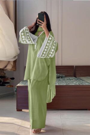Buy Natural Satin Embroidered Top with Farshi Plazzo and Dupatta Set