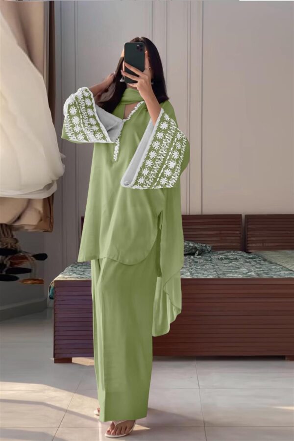 Buy Natural Satin Embroidered Top with Farshi Plazzo and Dupatta Set