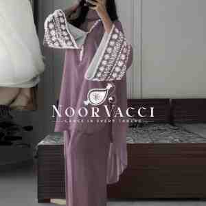 Natural Satin Embroidered Top with Farshi Plazzo and Dupatta Set