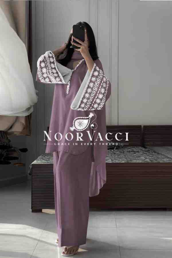 Natural Satin Embroidered Top with Farshi Plazzo and Dupatta Set