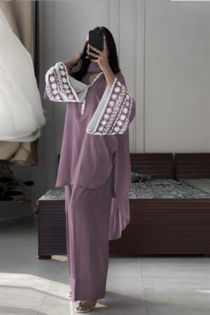 Shop Natural Satin Embroidered Top with Farshi Plazzo and Dupatta Set