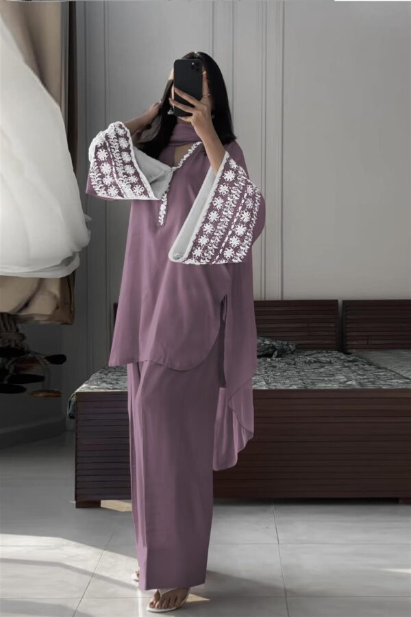 Shop Natural Satin Embroidered Top with Farshi Plazzo and Dupatta Set