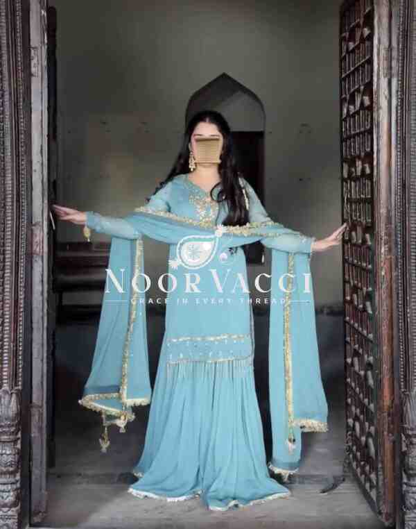Faux Georgette Embroidered Top with Plazzo and Dupatta Set - Image 3