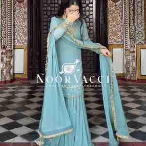 Faux Georgette Embroidered Top with Plazzo and Dupatta Set