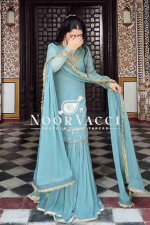 Buy Faux Georgette Embroidered Top with Plazzo and Dupatta Set