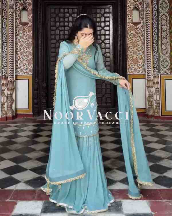 Faux Georgette Embroidered Top with Plazzo and Dupatta Set