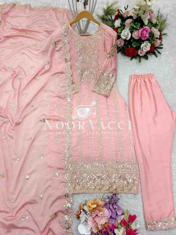 Chinon Silk Embroidered Top-Pant Set with Dupatta - Image 5