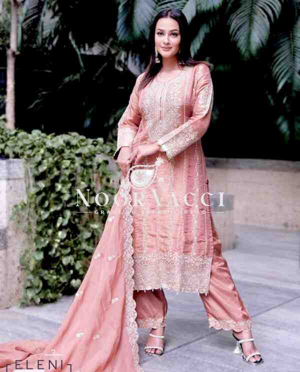 Chinon Silk Embroidered Top-Pant Set with Dupatta