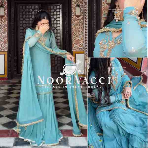 Faux Georgette Embroidered Top with Plazzo and Dupatta Set - Image 4