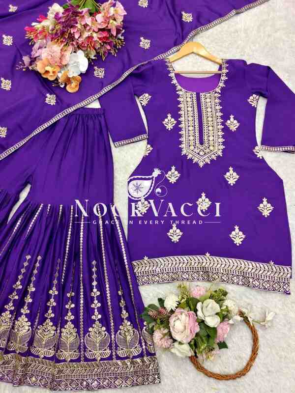 Chinon Silk Embroidered Top-Sharara Set with Dupatta - Image 6