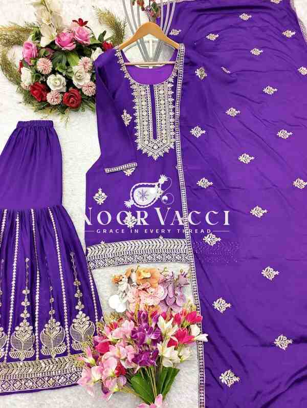 Chinon Silk Embroidered Top-Sharara Set with Dupatta - Image 4