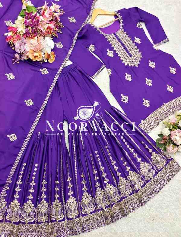 Chinon Silk Embroidered Top-Sharara Set with Dupatta - Image 5