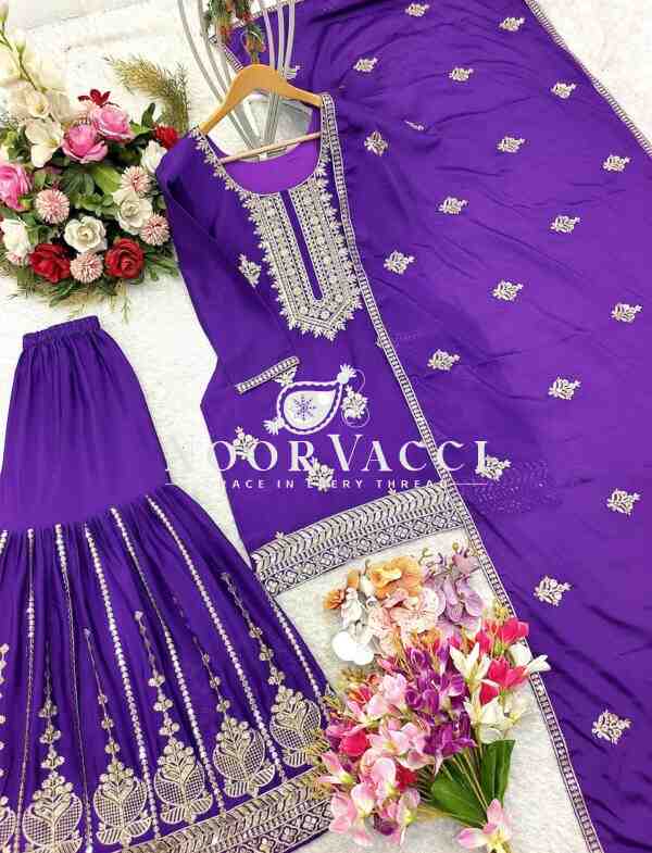 Chinon Silk Embroidered Top-Sharara Set with Dupatta - Image 3