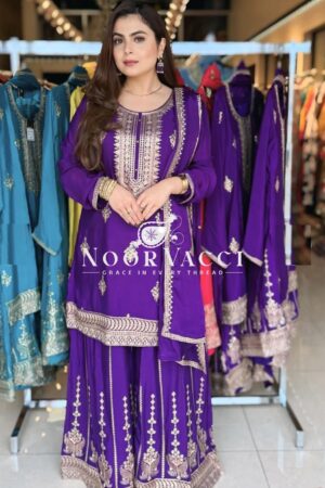 Buy Chinon Silk Embroidered Top-Sharara Set with Dupatta