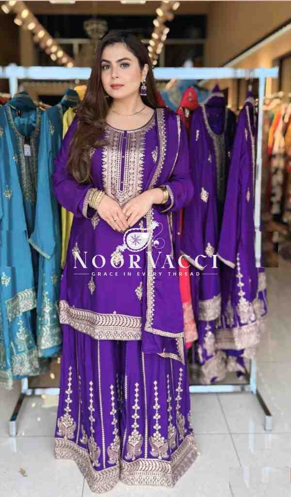Chinon Silk Embroidered Top-Sharara Set with Dupatta