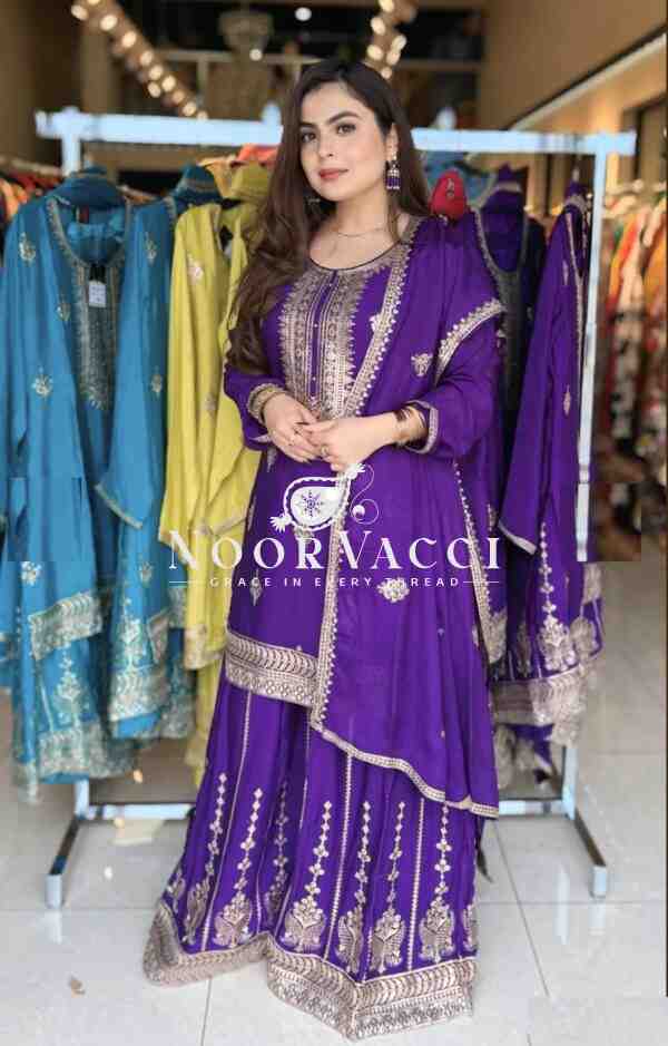 Chinon Silk Embroidered Top-Sharara Set with Dupatta - Image 2