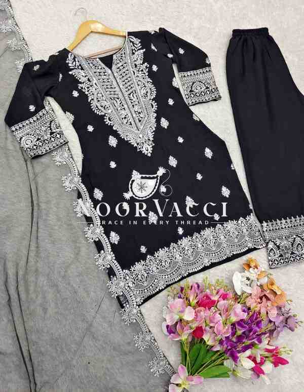 Pure Chinon Silk Embroidered Top-Plazzo Set with Organza Dupatta - Image 4