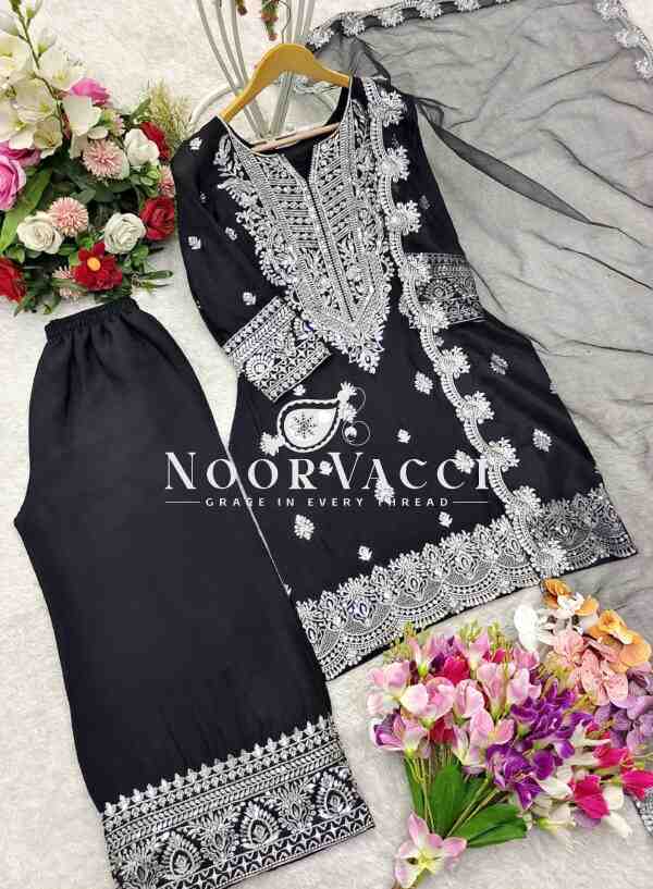 Pure Chinon Silk Embroidered Top-Plazzo Set with Organza Dupatta - Image 6
