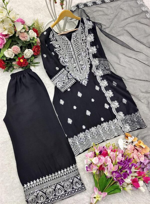 Buy Pure Chinon Silk Embroidered Top-Plazzo Set with Organza Dupatta - Image 6