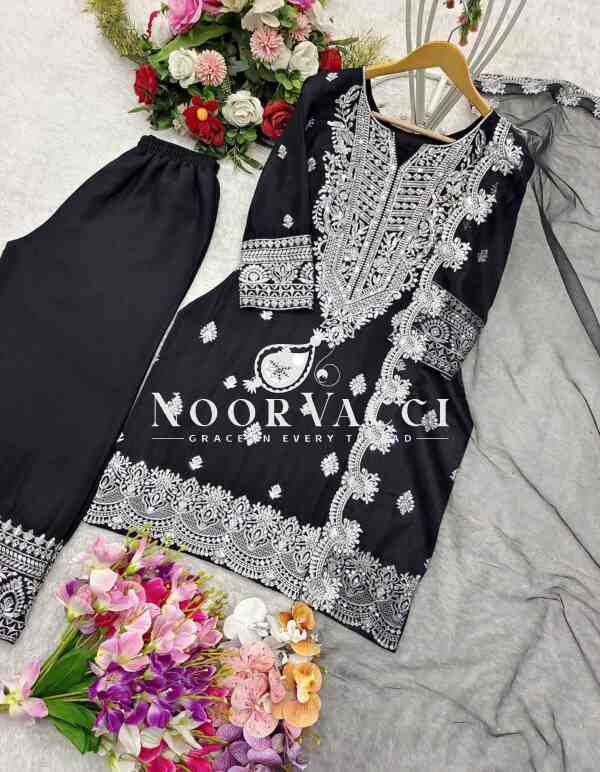 Pure Chinon Silk Embroidered Top-Plazzo Set with Organza Dupatta - Image 7
