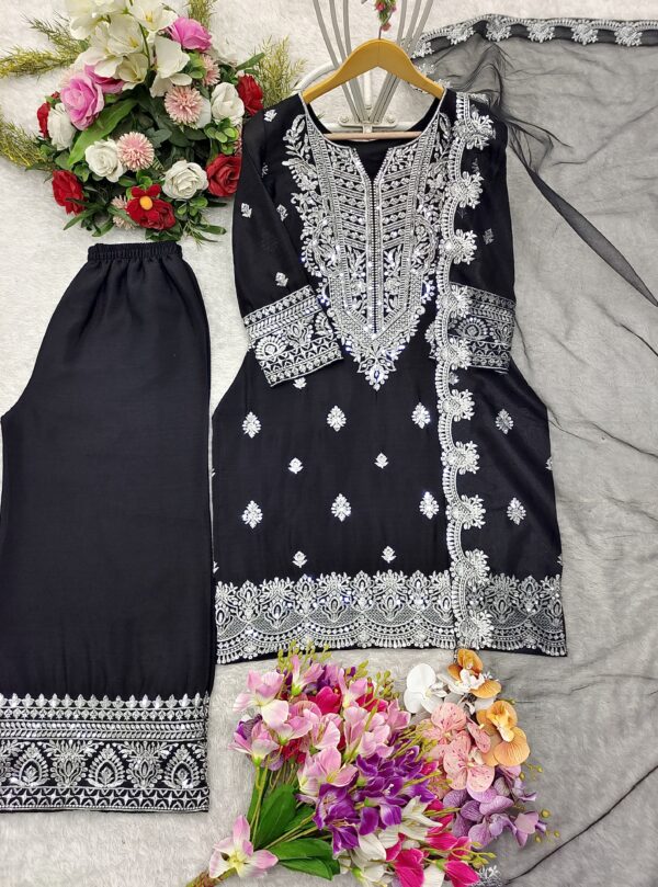Pure Chinon Silk Embroidered Top-Plazzo Set with Organza Dupatta - Image 5
