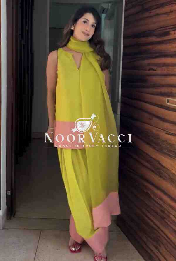 Natural Crap Silk Designer Top with Farshi Palazzo & Dupatta Set - Image 2