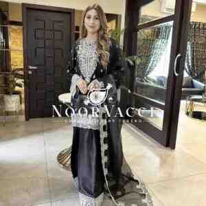 Pure Chinon Silk Embroidered Top-Plazzo Set with Organza Dupatta
