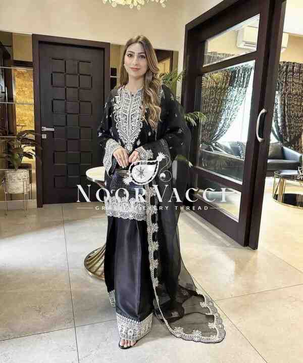 Pure Chinon Silk Embroidered Top-Plazzo Set with Organza Dupatta