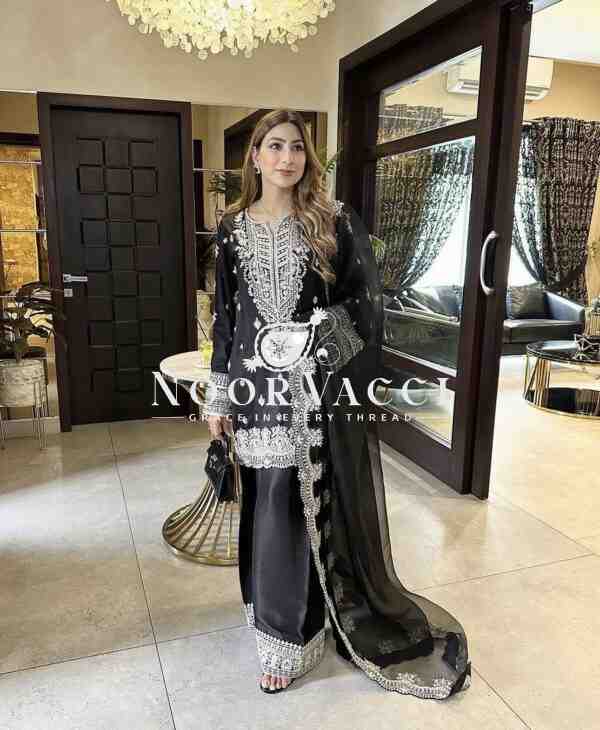 Pure Chinon Silk Embroidered Top-Plazzo Set with Organza Dupatta - Image 2