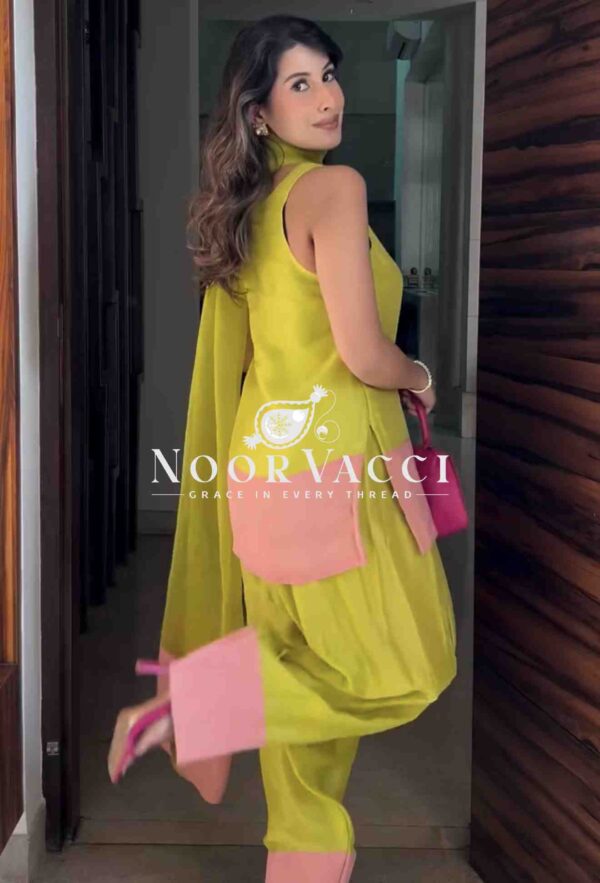 Buy Natural Crap Silk Designer Top with Farshi Palazzo & Dupatta Set - Image 5
