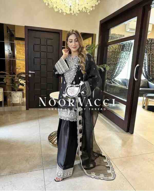 Pure Chinon Silk Embroidered Top-Plazzo Set with Organza Dupatta - Image 3