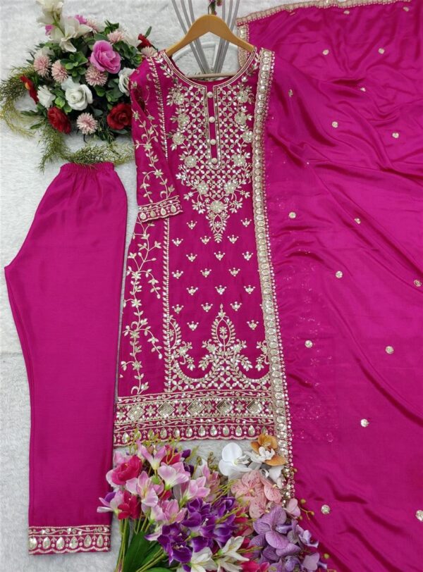 Shop Pure Chinon Silk Top-Plazzo and Dupatta Set with Heavy Embroidery - Image 10