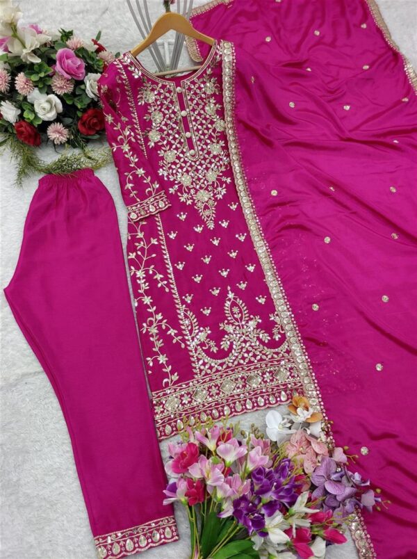 Shop Pure Chinon Silk Top-Plazzo and Dupatta Set with Heavy Embroidery - Image 7