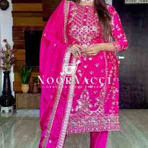 Pure Chinon Silk Top-Plazzo and Dupatta Set with Heavy Embroidery