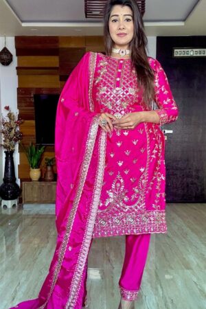 Shop Pure Chinon Silk Top-Plazzo and Dupatta Set with Heavy Embroidery