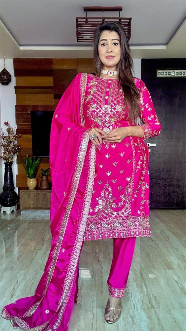 Shop Pure Chinon Silk Top-Plazzo and Dupatta Set with Heavy Embroidery