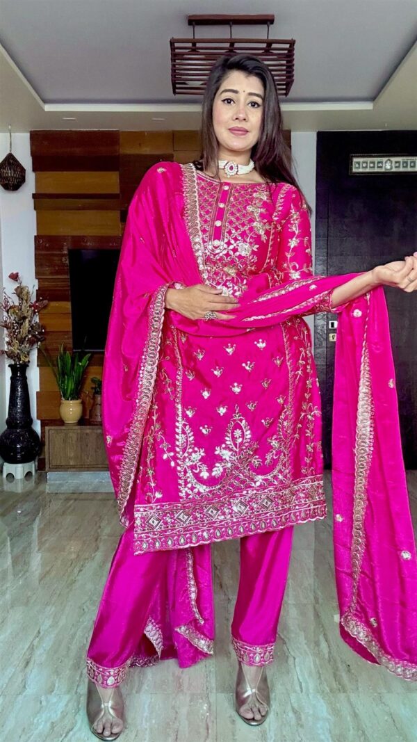 Shop Pure Chinon Silk Top-Plazzo and Dupatta Set with Heavy Embroidery - Image 2