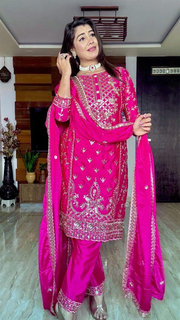 Shop Pure Chinon Silk Top-Plazzo and Dupatta Set with Heavy Embroidery - Image 3