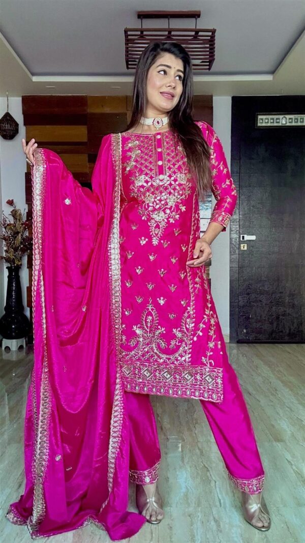 Shop Pure Chinon Silk Top-Plazzo and Dupatta Set with Heavy Embroidery - Image 4