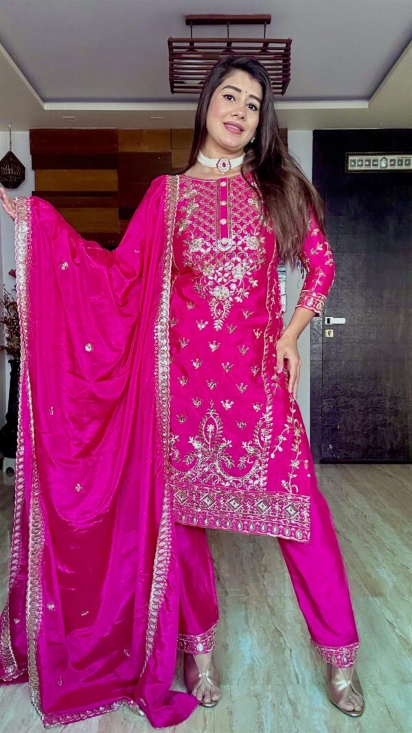 Shop Pure Chinon Silk Top-Plazzo and Dupatta Set with Heavy Embroidery - Image 5