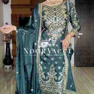 Pure Chinon Silk Top-Plazzo and Dupatta Set with Heavy Embroidery