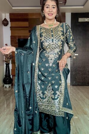 Shop Pure Chinon Silk Top-Plazzo and Dupatta Set with Heavy Embroidery