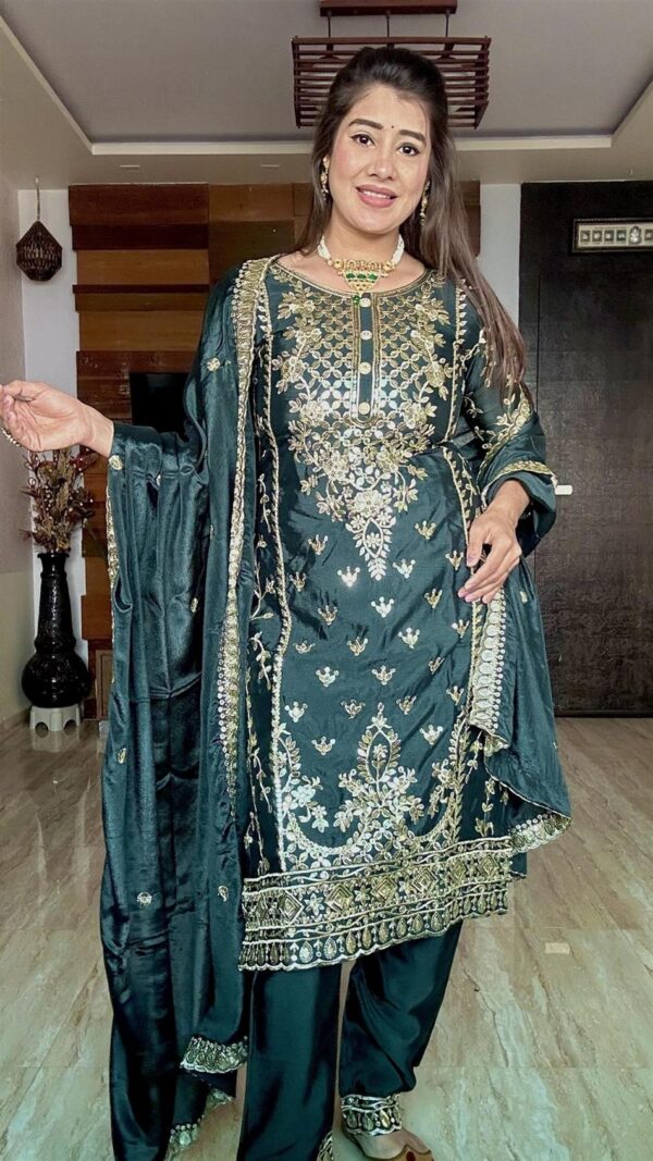 Shop Pure Chinon Silk Top-Plazzo and Dupatta Set with Heavy Embroidery - Image 5