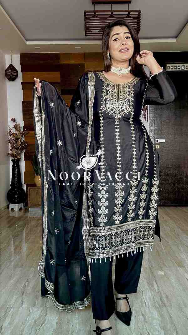 Pure Chinon Silk Top-Pent and Dupatta Set with Heavy Embroidery
