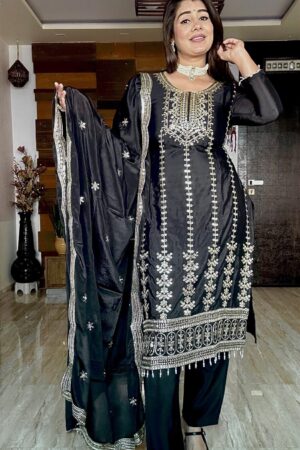 Buy Pure Chinon Silk Top-Pent and Dupatta Set with Heavy Embroidery
