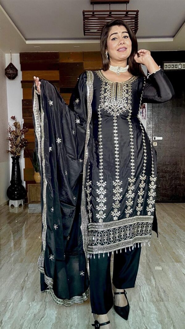 Buy Pure Chinon Silk Top-Pent and Dupatta Set with Heavy Embroidery