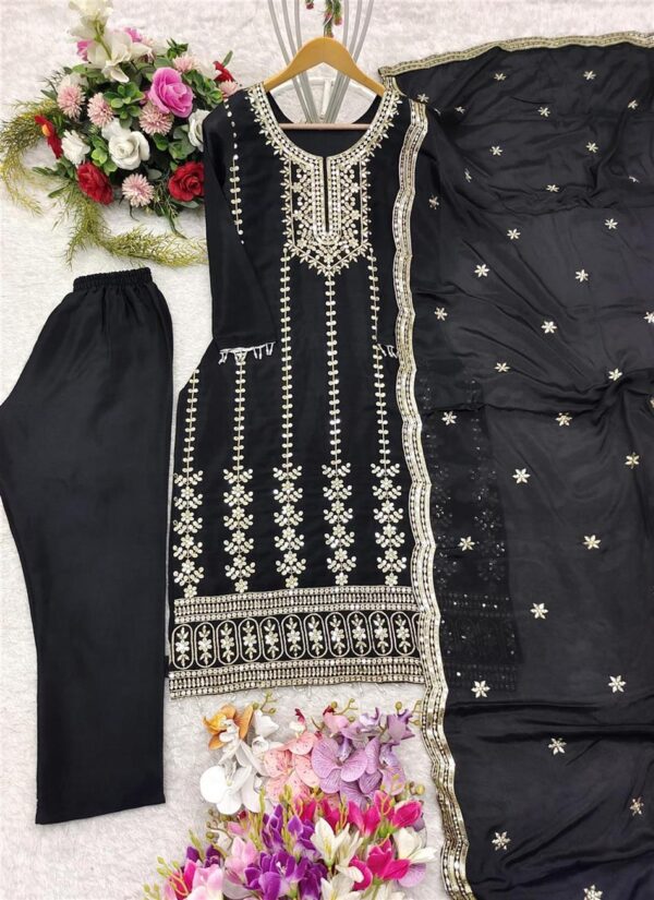 Buy Pure Chinon Silk Top-Pent and Dupatta Set with Heavy Embroidery - Image 9