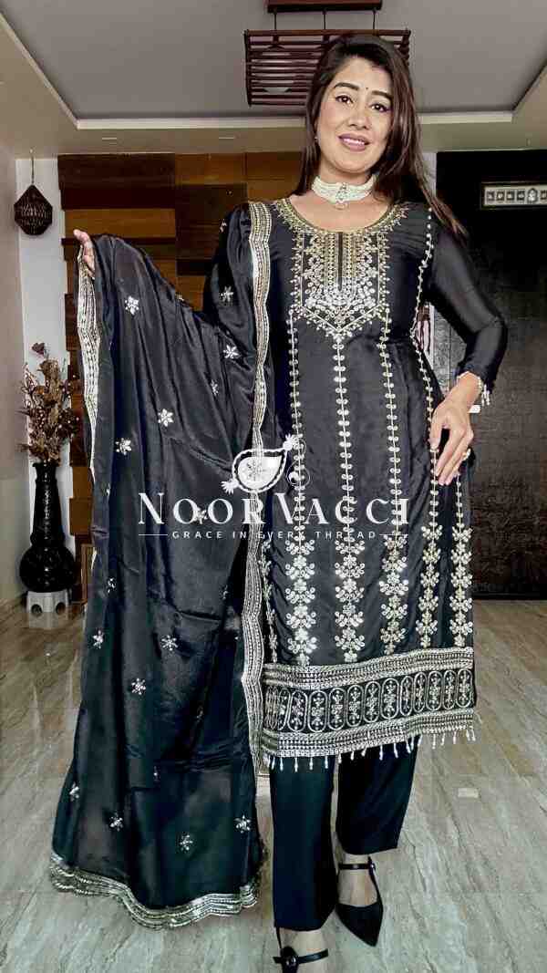 Pure Chinon Silk Top-Pent and Dupatta Set with Heavy Embroidery - Image 5